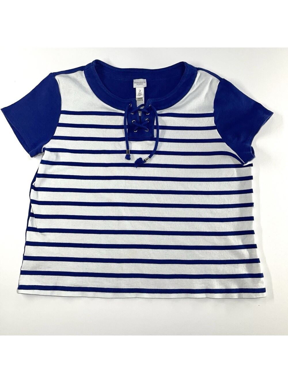 CHICO'S Shirt Size 2 (Large) Lace Up Front Blue/White Blouse Sailor Stripe S/S